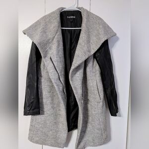 Express Gray and Black Trench Coat with Leather Sleeves